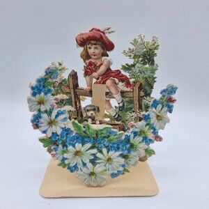 Vintage Pop Up Valentines Day Card Girl Flowers Puppy Decor Folding Standing